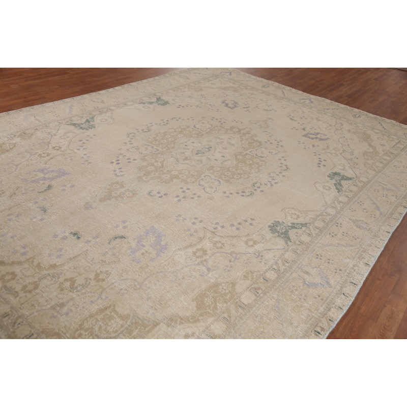 Beige Tabriz Persian Vintage Area Rug Handmade Wool Carpet - 9'1"x 13'2"