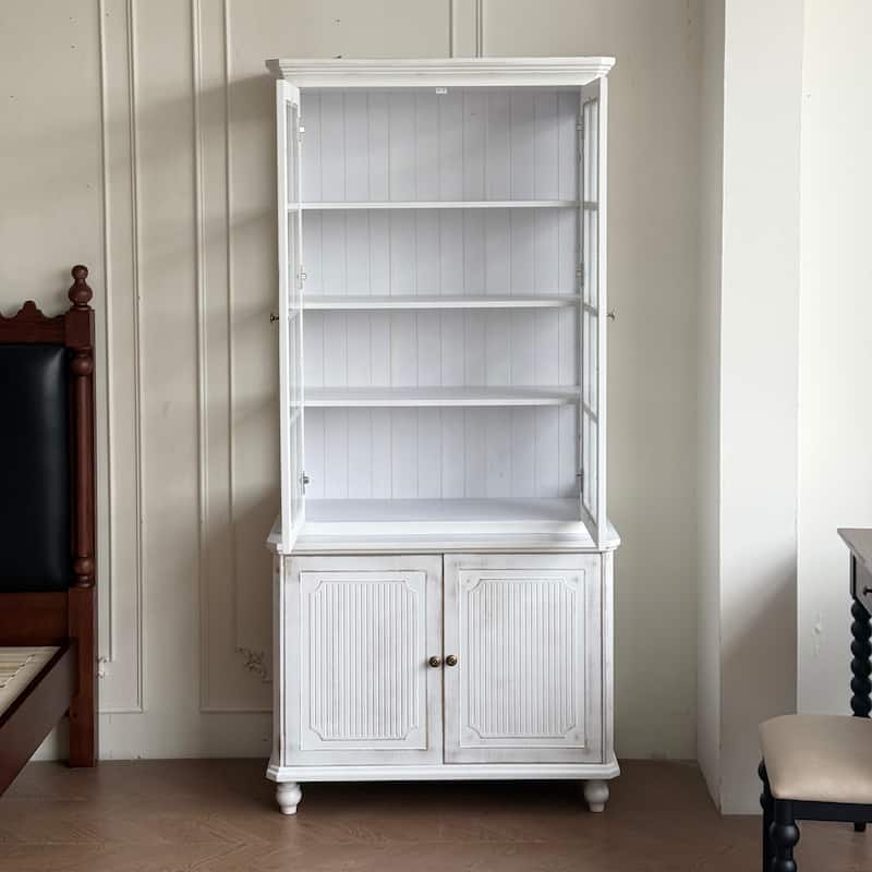 77.5"Tall Vintage Display Cabinet with Double Glass Doors, Traditional Style China Cabinet Hutch Cabinet