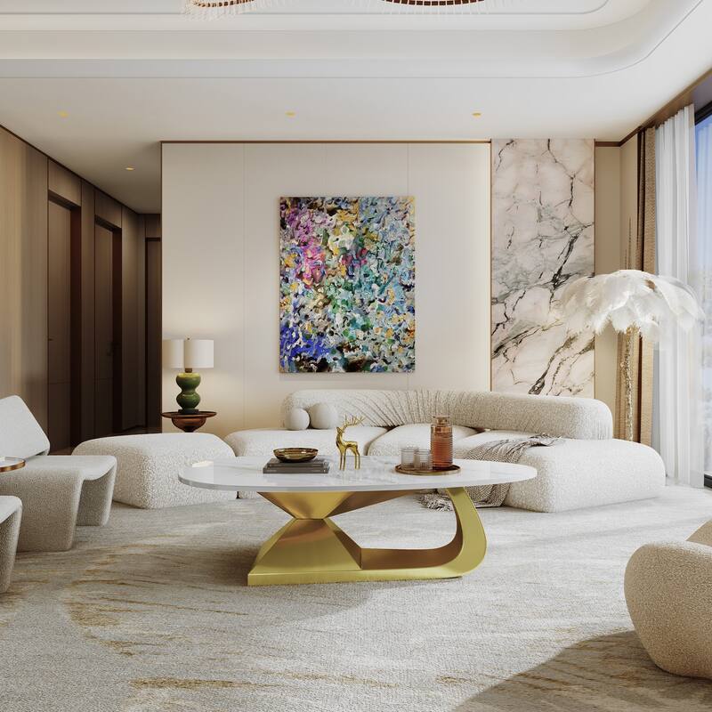 Modern Coffee Table Fish Belly White Marble Coffee Table Stainless Steel Base and Adjustable Feet, for Living Room