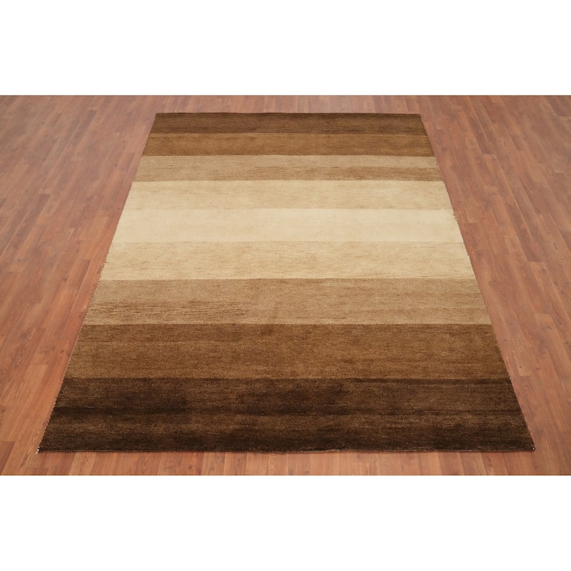 Hand Knotted Oriental 100% Wool Carpet Modern Stripe Brown Gabbeh Area Rug - 8' 3'' X 6' 3''