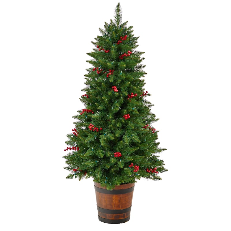 5Ft Pre-Lit Christmas Tree with Lights & Berries - Holiday Decor, Festive Tree, Indoor Xmas Tree - Green - 60