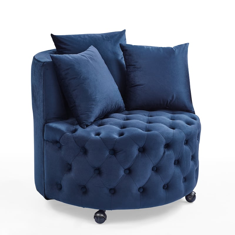 Blue Modern 30" Upholstered Swivel Button Tufted Accent Chair with Movable Wheels and 3 Pillows