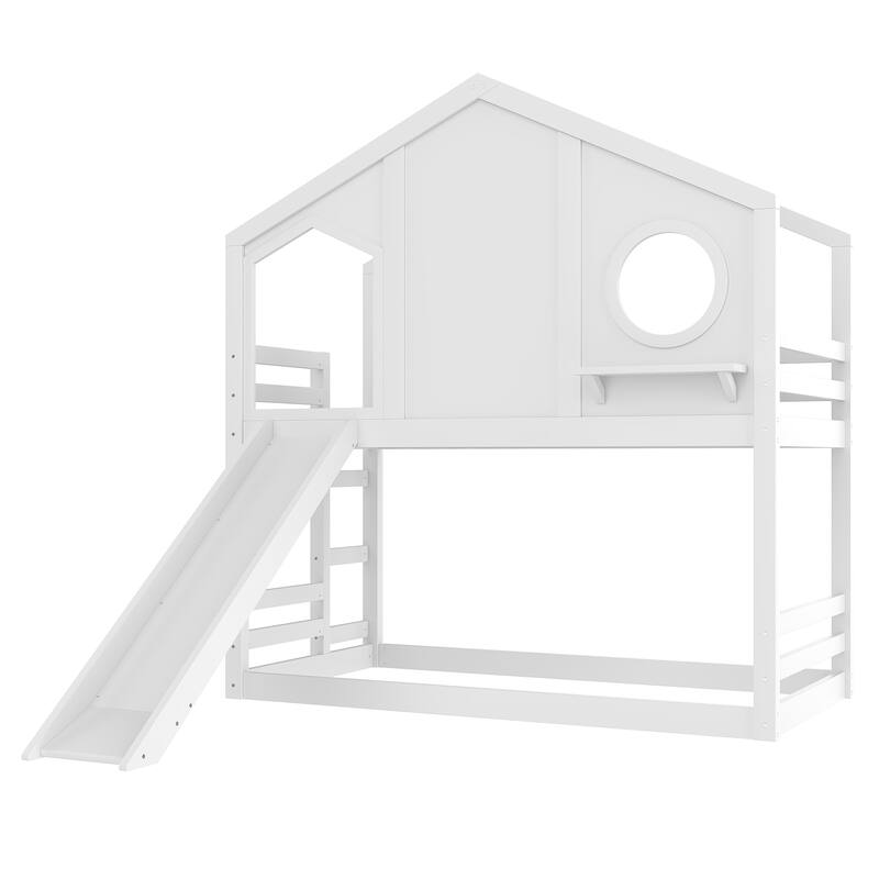 Playful House Bed Kids Twin Over Twin Bunk Bed with Shelf and Slide