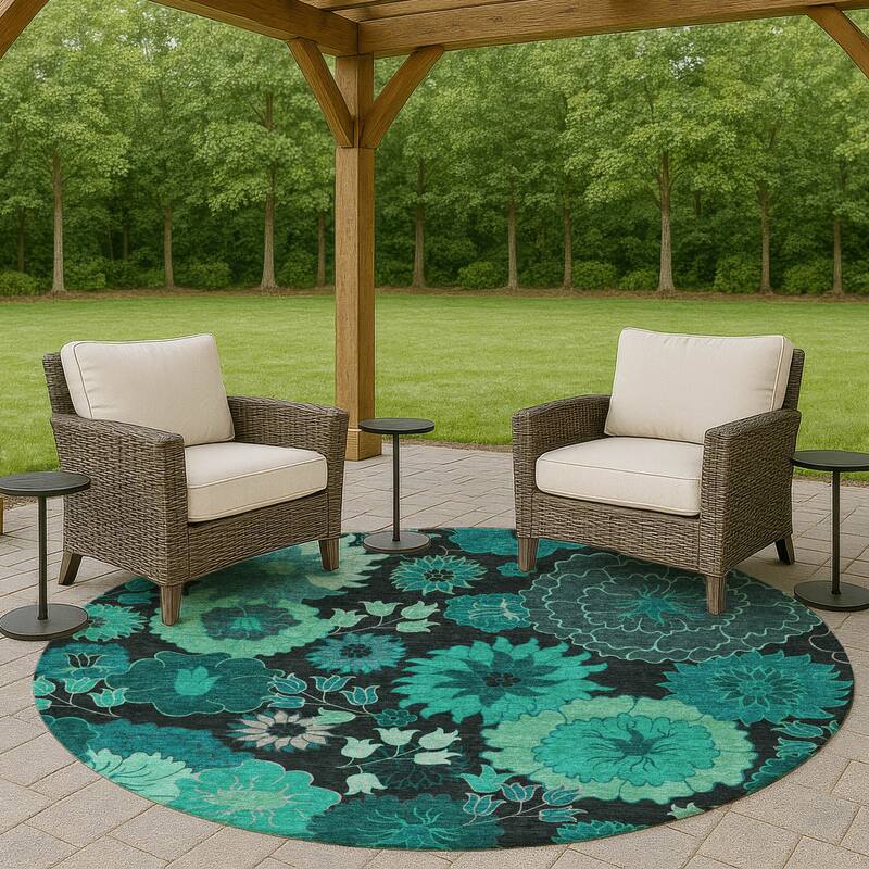 Machine Washable Indoor/ Outdoor Modern Floral Chantille Rug - Teal - 8' x 8'