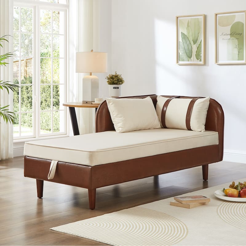 Roomfitters 65" Storage Chaise Lounge Sofa, Modern Indoor Daybed with Wooden Legs for Bedroom Living Room - Brown+Beige