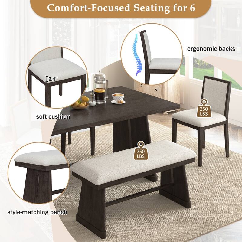 59.8" Farmhouse Dining Table with 4 Upholstered Chairs and 1 Padded Bench