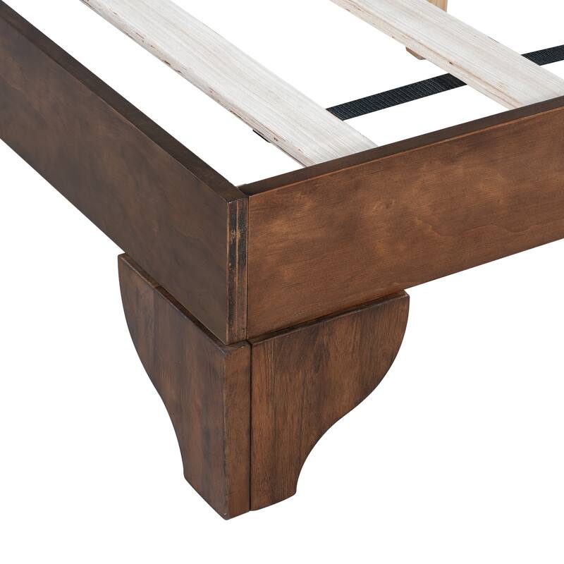 Solid Pine Wood Bed Frame, Mid Century Modern Platform Bed with Upholstered Headboard, No Box Spring Needed