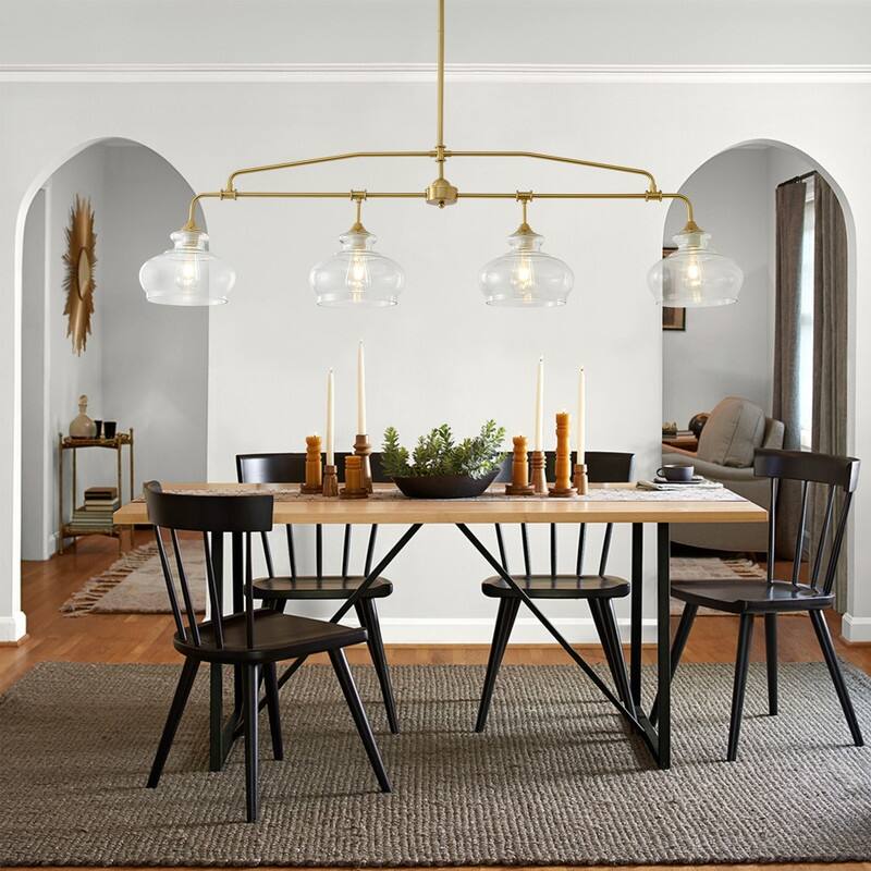 3-Light Brass Farmhouse Chandelier with Clear Glass Shade, Dimmable Hanging Light for Dining Room