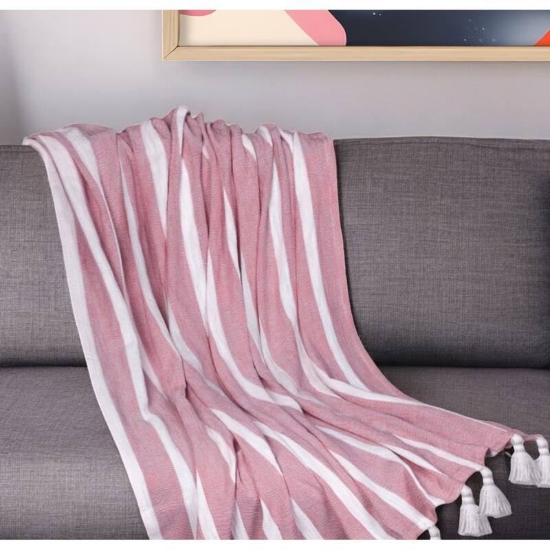 HomeRoots 50" X 60" Pink and White Woven Cotton Striped Throw Blanket with Tassels - Throw - Pink and White