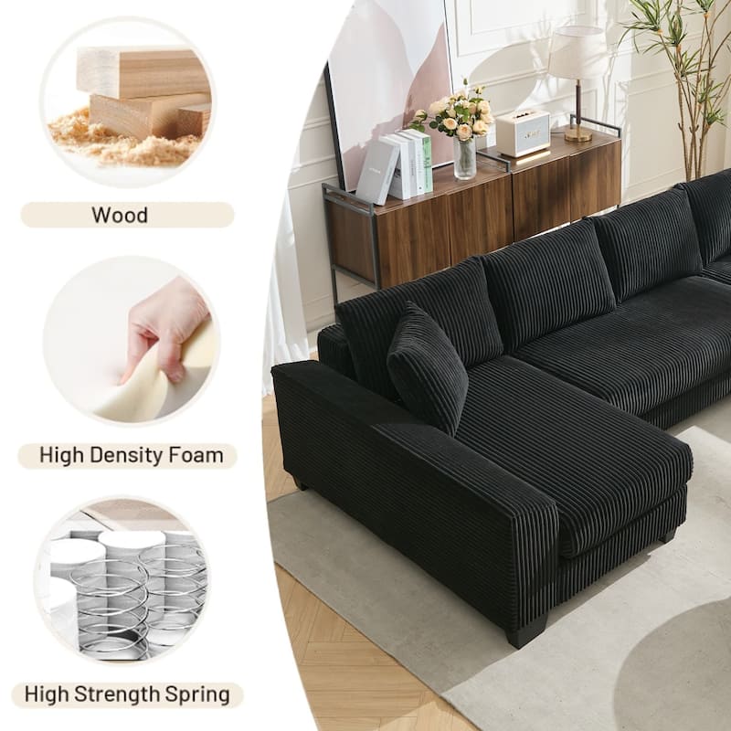 114" U-Shaped Corduroy Pull Out Sleeper Bed Sofa Chaise with Pillows