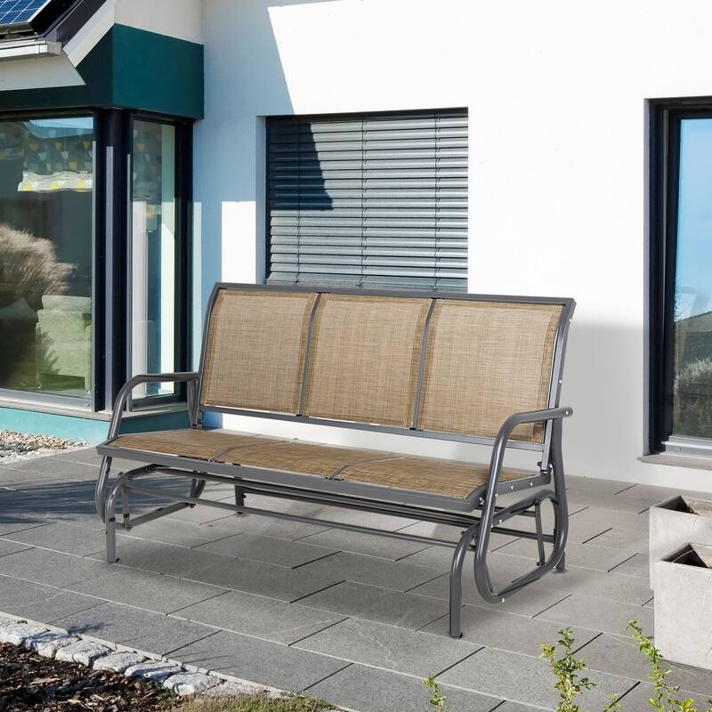 Outsunny 3-Person Patio Glider Bench, Outdoor Porch Glider Swing with 3 Seats, Breathable Mesh Fabric, Metal Frame, Light Mixed - Light Mixed Brown