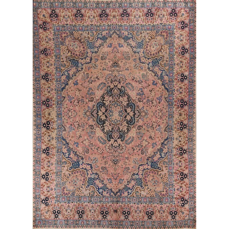 Vegetable Dye Pink Yazd Vintage Persian Area Rug Handmade Wool Carpet - 9'7" x 12'5"