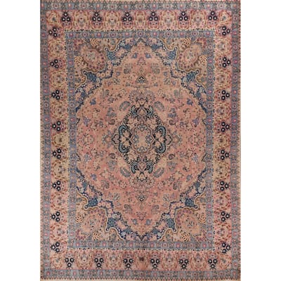 Vegetable Dye Pink Yazd Vintage Persian Area Rug Handmade Wool Carpet - 9'7" x 12'5"