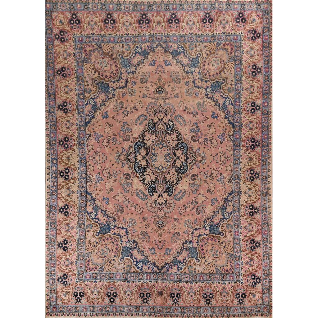 Vegetable Dye Pink Yazd Vintage Persian Area Rug Handmade Wool Carpet - 9'7" x 12'5"