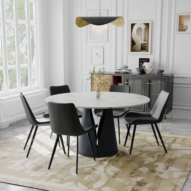Modern Round White Dining Table，Sintered Stone Tabletop, Solid Black Carbon Steel Base