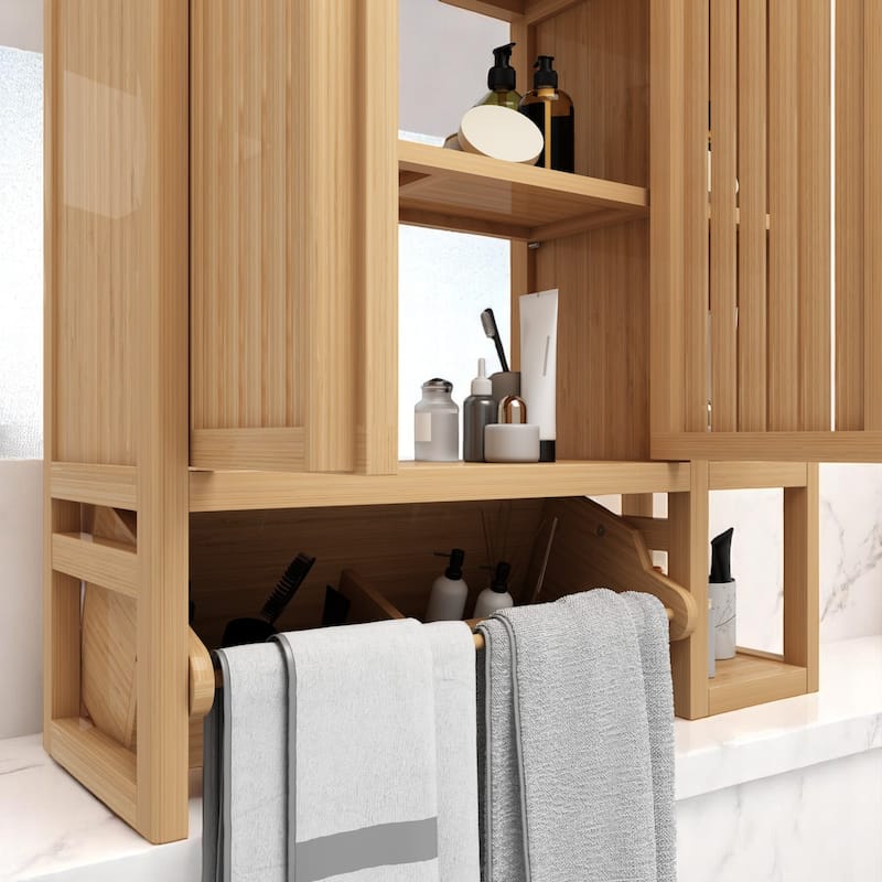 Bamboo Wall Cabinet for Bathroom Storage, Hanging Toilet Shelf with Space for Towels, Toilet Paper & More