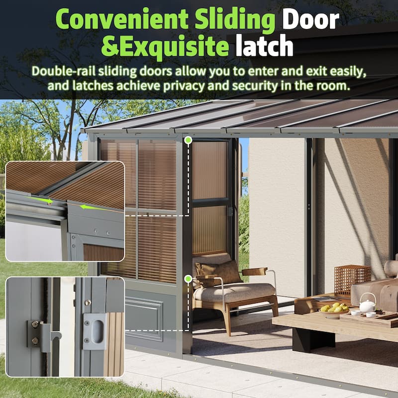 Erommy Outdoor Solarium Sunroom, Patio Hardtop Gazebo, Aluminum Frame Permanent Gazebo with Sliding Doors and Screens