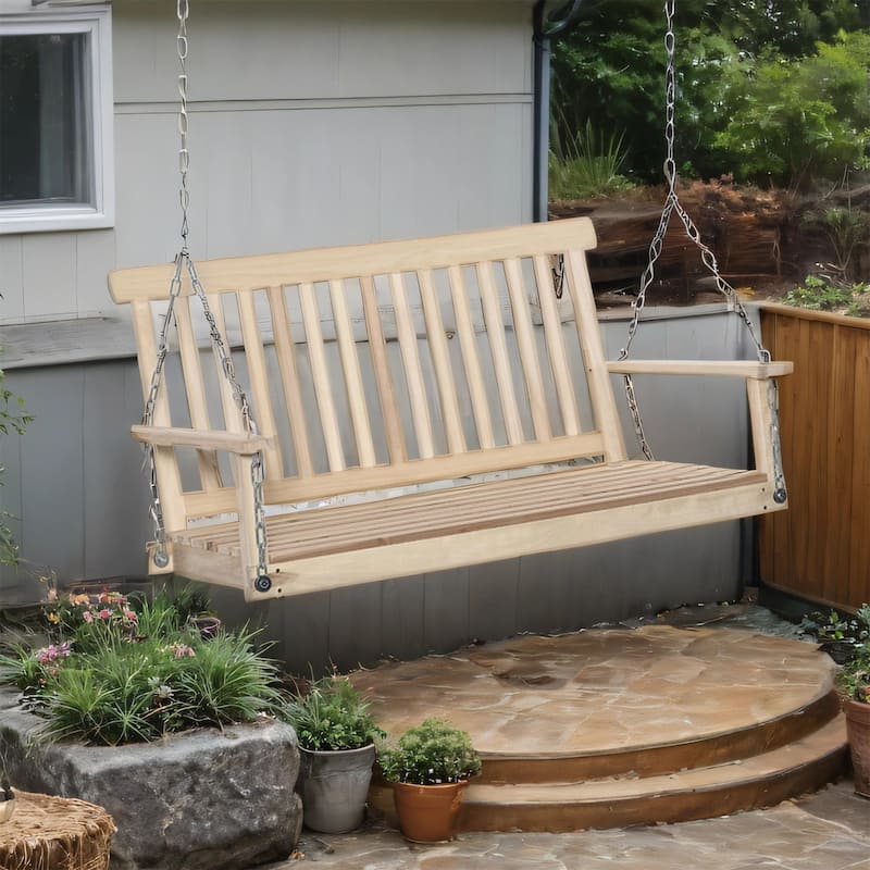 47" Outdoor Wood Hanging Swing Chair with Slatted Build and Chains - Natural