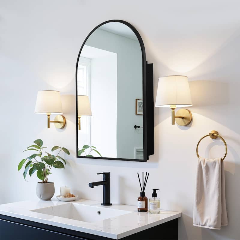 Iron Gold Round Corner Arched Mirror Cabinet - 36"x24" - Black