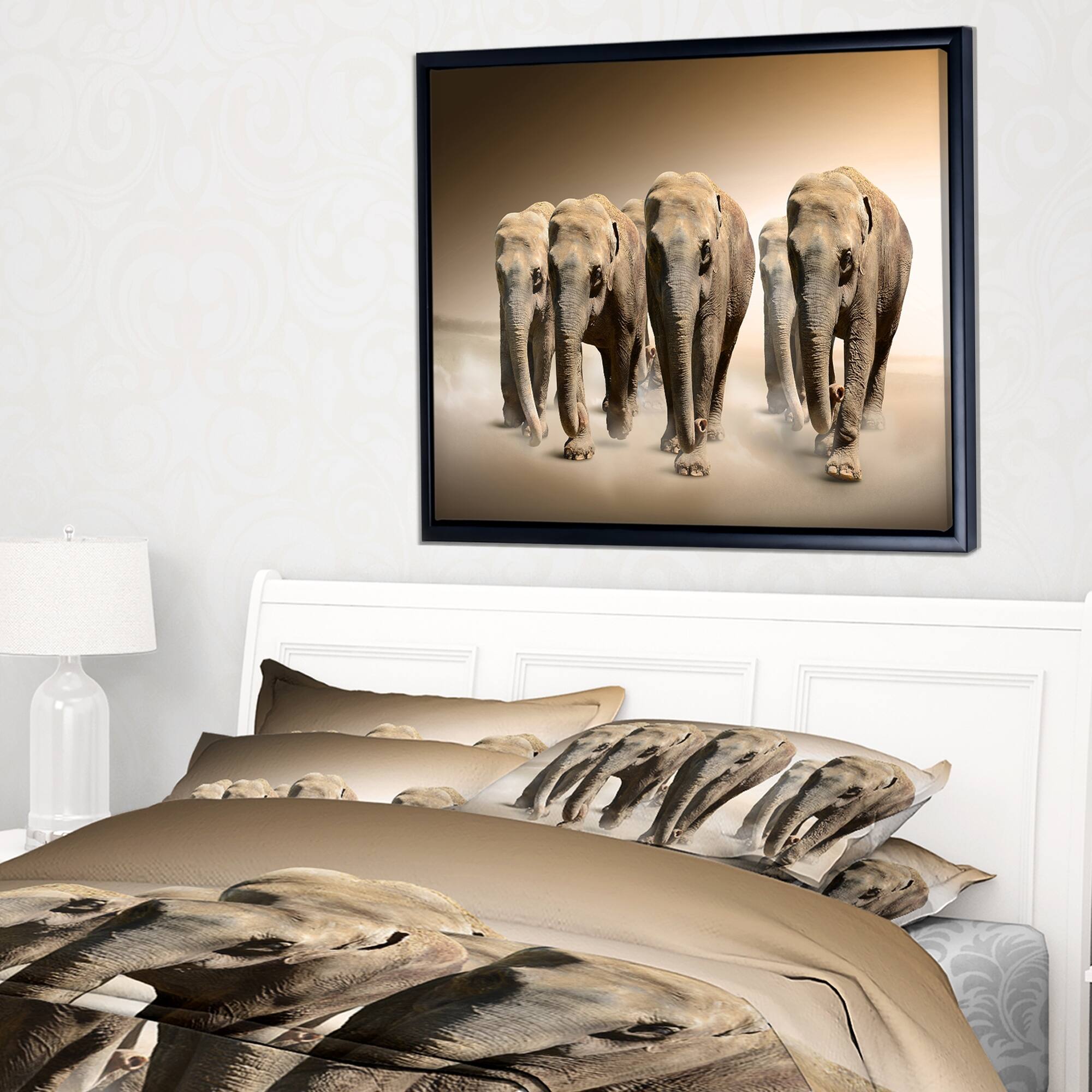 Designart "Walking Herd of Elephants" Animal Framed Canvas Wall Art