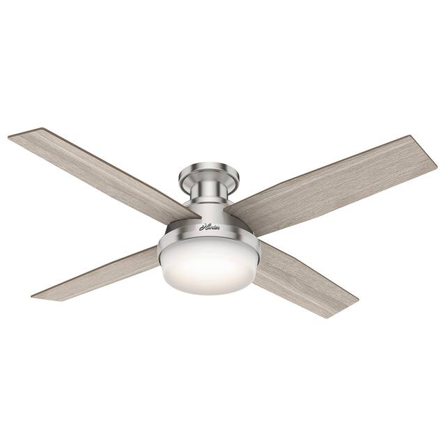 Hunter 52" Dempsey Flush Mount Ceiling Fan w/ LED Light Kit and Handheld Remote - Brushed Nickel - Light Grey/Natural Wood blades