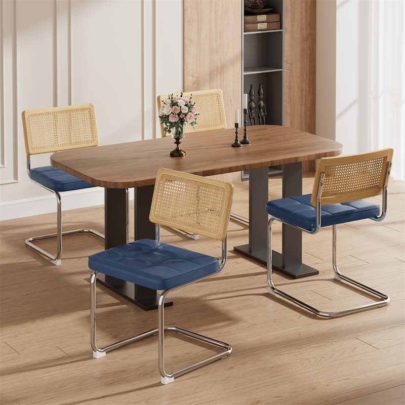 Natural Rattan Dining Chairs with Solid Wood Back, Upholstered Faux Leather (Set of 4)