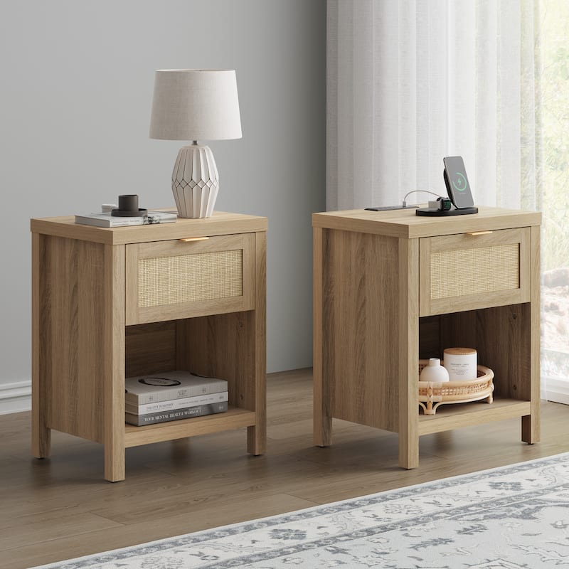 SICOTAS Farmhouse Set of 2 Nightstand with Charging Station and Drawers - Light Oak - 2-drawer