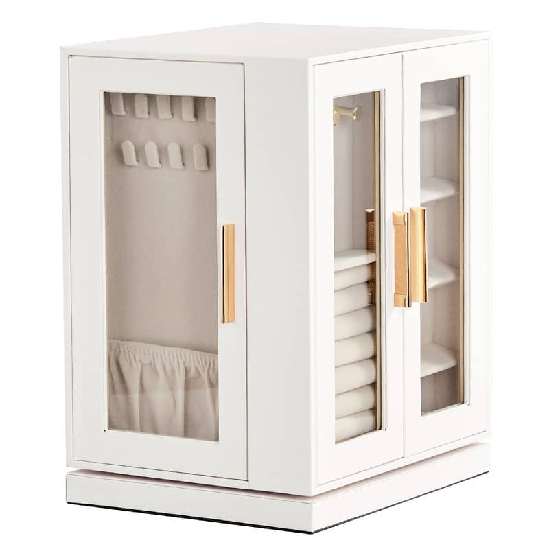 FCH Quad View with Storage 5 Drawers Rotatable White Cabinet Pink Velvet Jewelry Case
