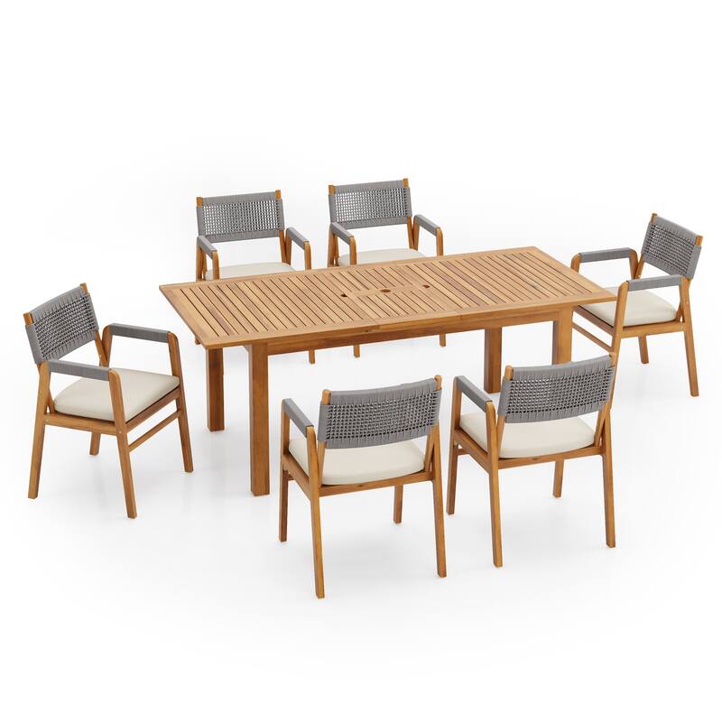 Christopher Knight Home- Ethan Outdoor 7-piece Expandable Acacia Wood Dining Set with Rope-Woven Armchairs