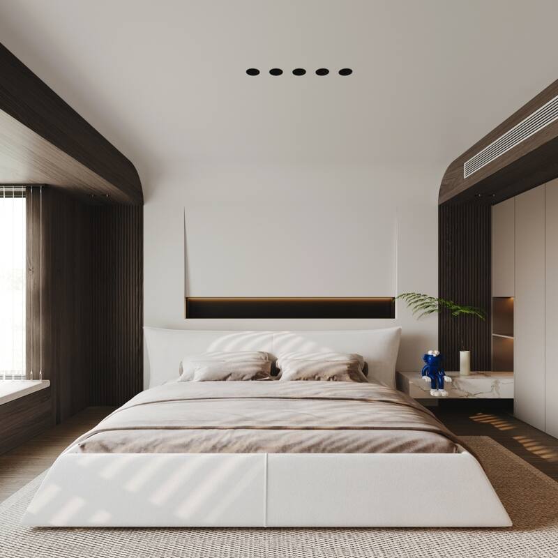 Queen Size Upholstered Platform Bed with Special Shaped Velvet Headboard