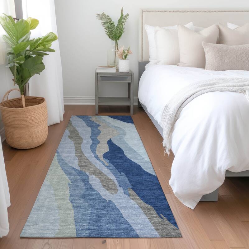 Machine Washable Indoor/ Outdoor Abstract Contemporary Chantille Rug - Blue - 2'3" x 7'6"