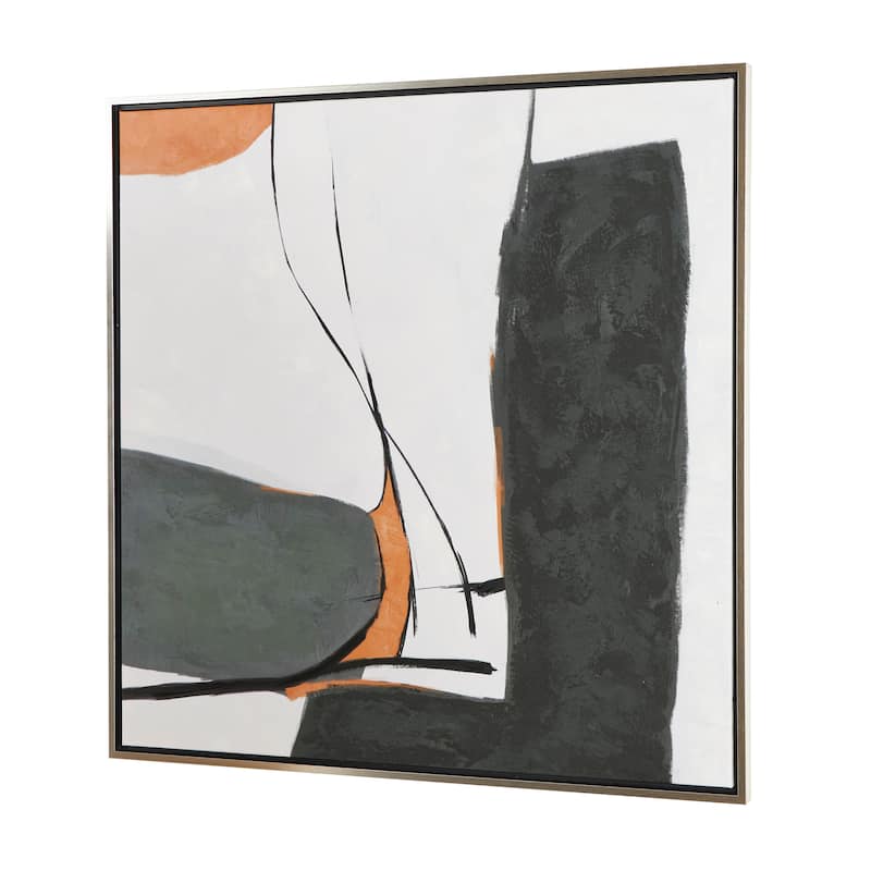 Canvas Abstract Lines and Shapes Framed Wall Art with Orange Accents - Green - Roche River Decor