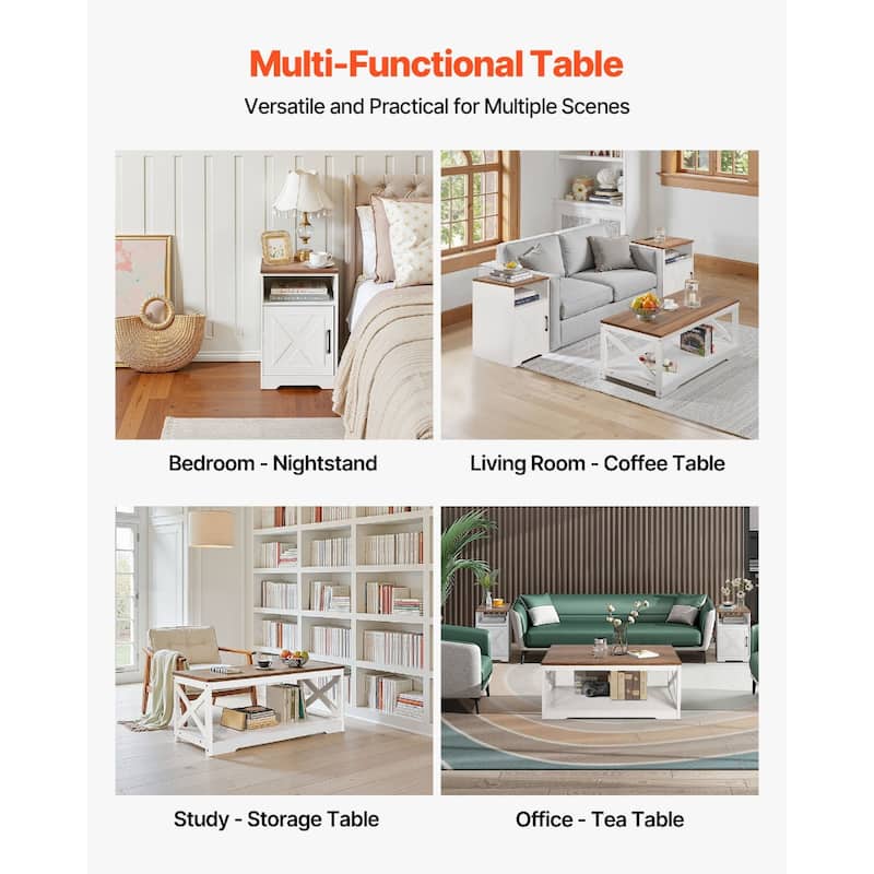 3-Piece White-Brown Wood Coffee Table Set with Power Outlets and Storage Space for Living Room - 40” x 21.7” x 18”