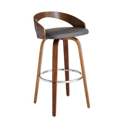Modern 30 Inch Swivel Bar Stool with Low Back Grey Faux Leather Seat and Walnut Iron Frame - 35”H x 19”W x 19”D