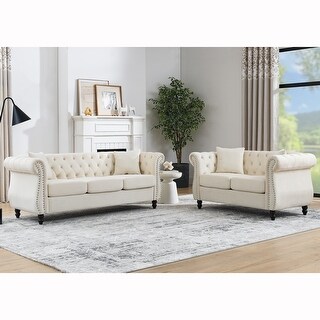 Beige Velvet Chesterfield Sofa Set With Pillows (3 Seater + Loveseat ...