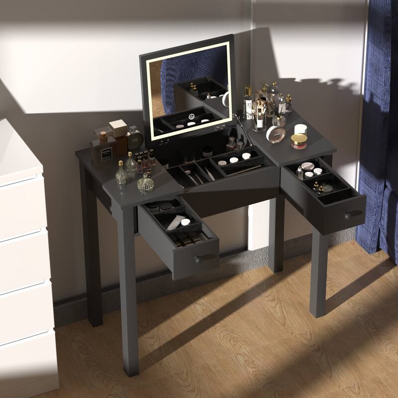 Small Flip Top Makeup Table with LED Lights, Mirror, 2 Drawers