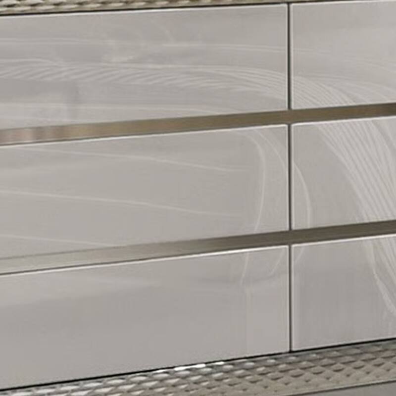 Vino 6 Drawer Wide Dresser, Gray Solid Wood, Silver Molding