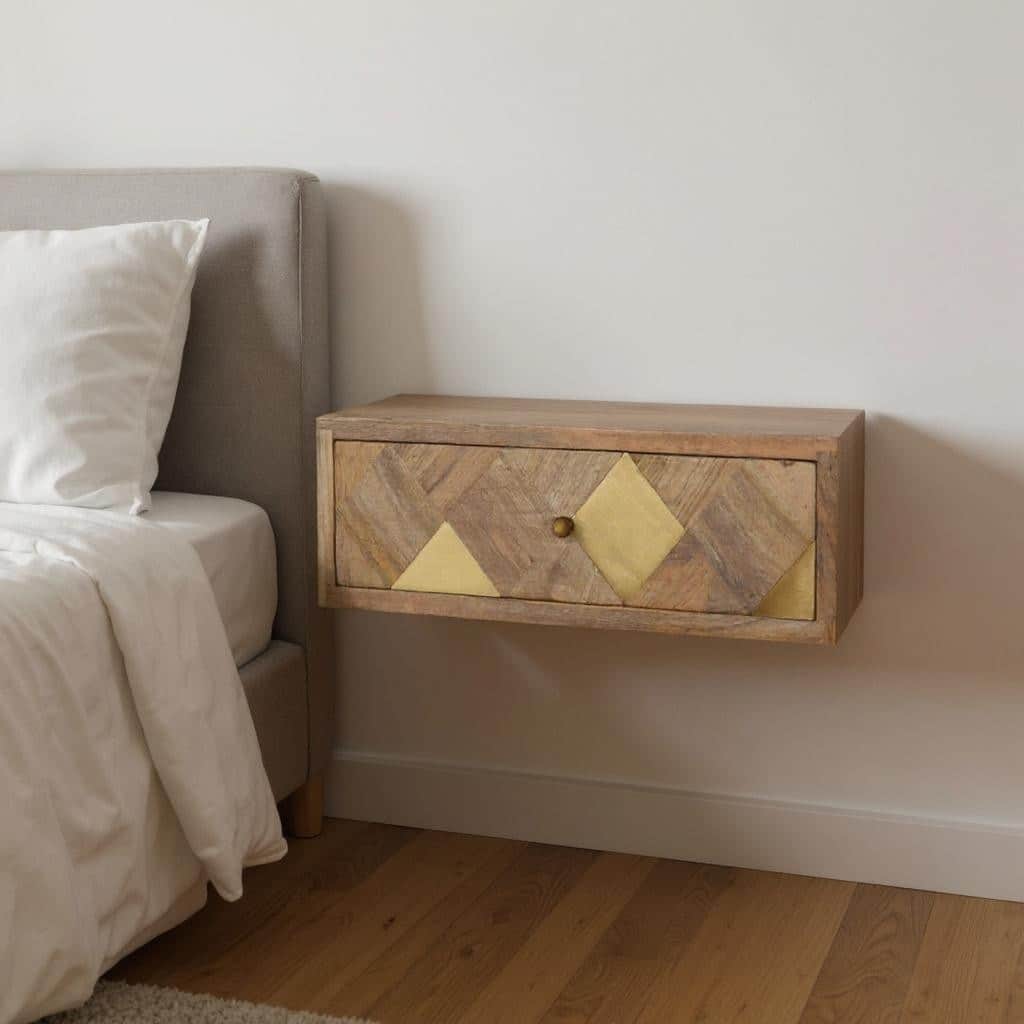HomeRoots 18" Brown Solid Wood Carved Geometric One Drawer Floating Nightstand