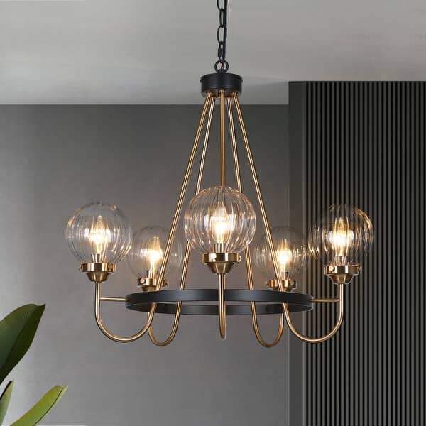 slide 2 of 13, Modern 5-Light Black Gold Wagon Wheel Chandelier Glass Pendant Light for Dining Room - 22" D x 21.5" H