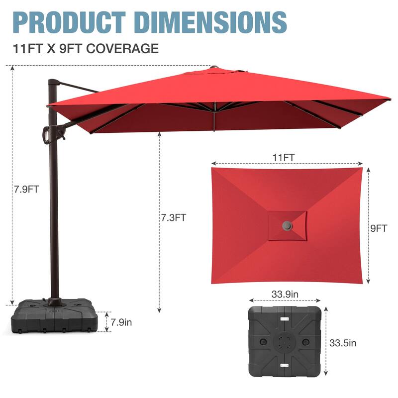 Outdoor 9 x 11 Ft Cantilever Patio Umbrella 360 Degree Rotation with HDPE Base