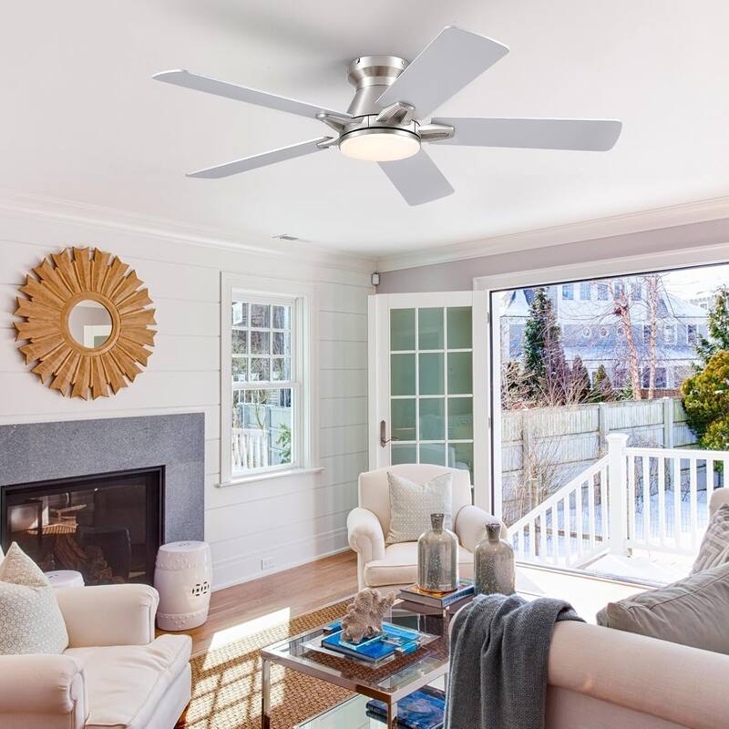 52 Inches Nickle Flush Mount Ceiling Fan with Light,3 Color Temperature LED,Reversible DC Motor - 52 Inches