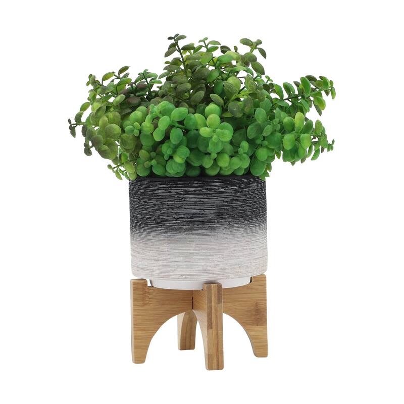 Sagebrook Home Modern Neutral Two Toned Ceramic Planter with Solid Rubberwood Stand - 5"Lx5"Wx6"H - Grey