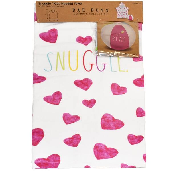 slide 2 of 5, Rae Dunn: Snuggle Kids Hooded Towel & 12" Beach Ball - Hearts 48"x 24" Poncho, Cotton Terry Beach Cover Up, Toddler 3+ - Multi