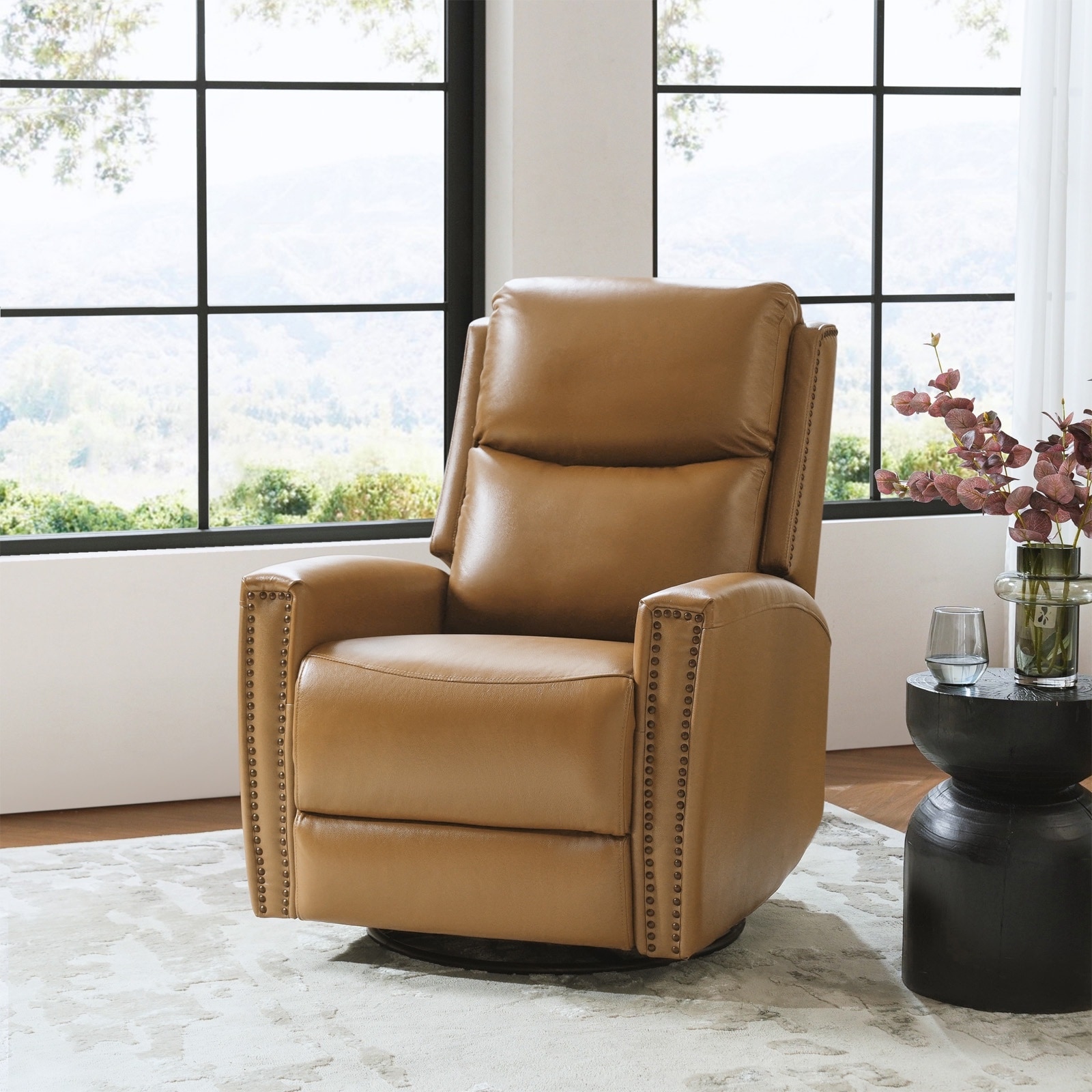 Fiacro 30.31" Genuine Leather Wingback Swivel Rocker Recliner with Nailhead Trim