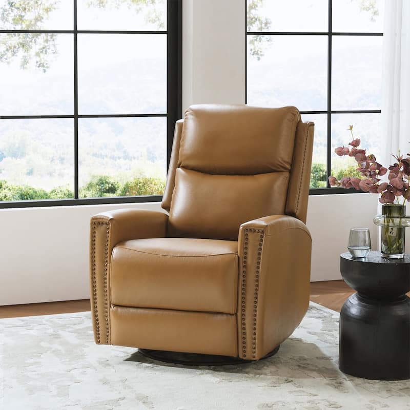 Fiacro 30.31"Wide Mid-Century Modern Genuine Leather Wingback Swivel Rocker Recliner with Nailhead Trims