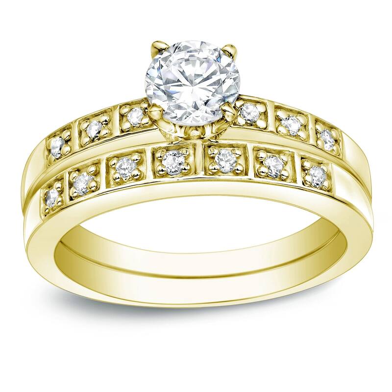 Auriya 1 1/2ctw Round Diamond Engagement Ring Set 14K Gold Certified - 4 - Yellow