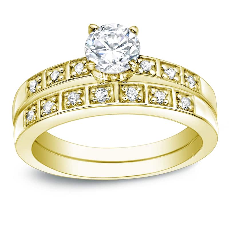 Auriya Classic 5/8ct TDW Round Diamond Engagement Ring Set 14K Gold Certified - 4 - Yellow