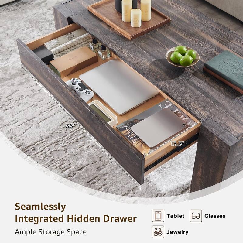 Modern Coffee Table, Wooden Living Room Table w/ Hidden Storage Drawer