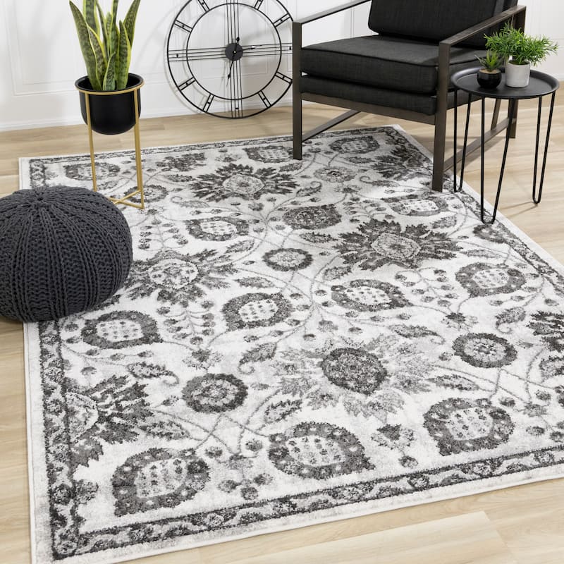 Alpine Rug Co. - Emma Collection White/Grey Traditional Floral Rug