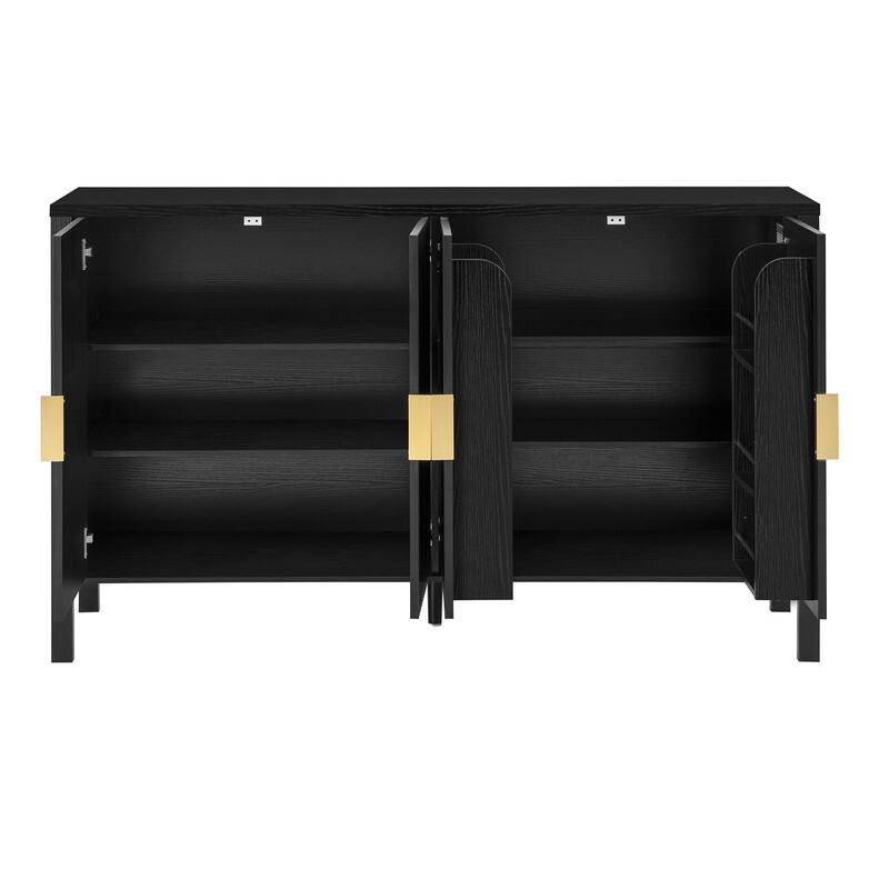 Modern 57.5" Fluted Door 4-Door Sideboard with Side Hooks and Adjustable Shelves